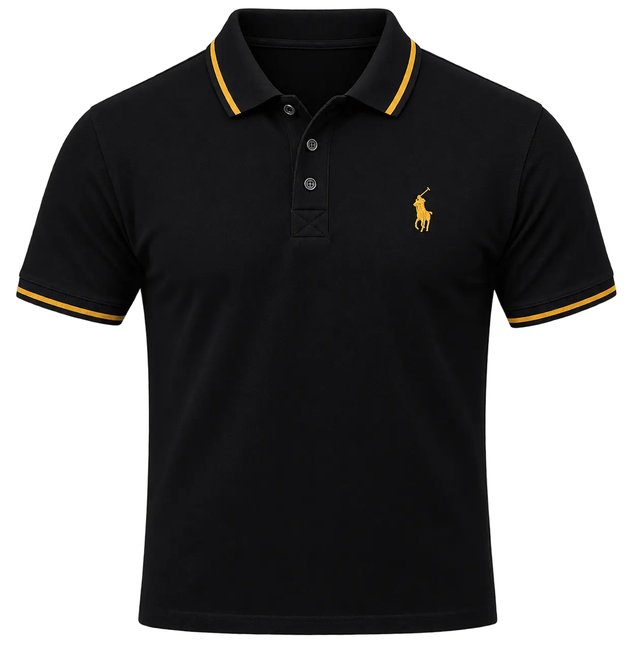 Black polo with gold trim