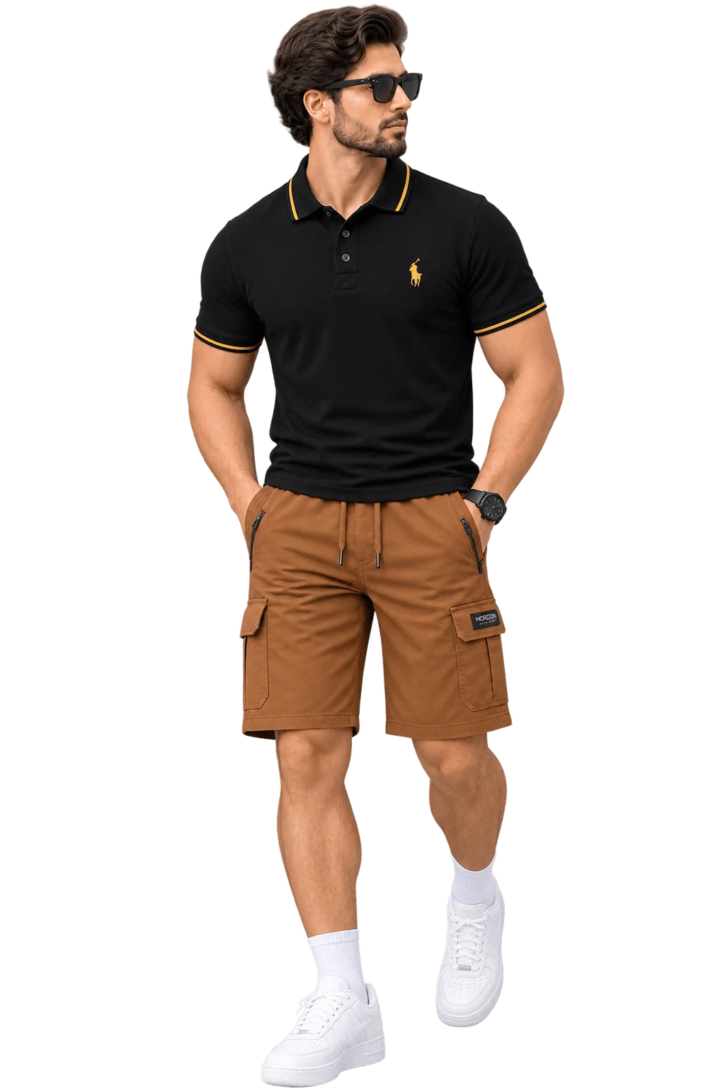 Urban Olive Cargo Set Jet Black Polo (Gold Trim Accent) + Tobacco Brown Cargo Shorts