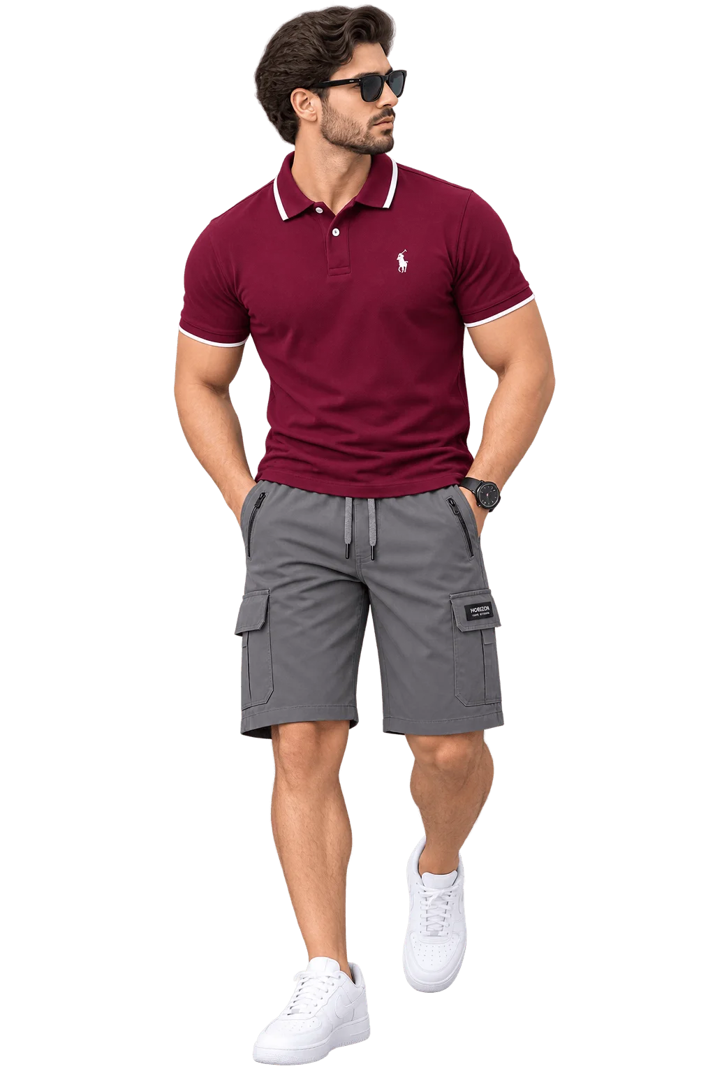 Urban Olive Cargo Set Maroon Red Polo (White Trim) + Slate Grey Cargo Shorts
