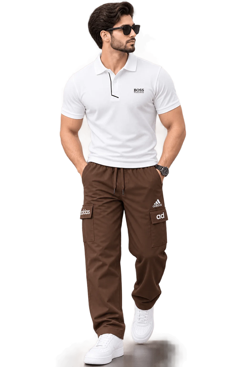 Midnight Camel Cargo Set Pure White (Polo) + Dark Chocolate Brown (Cargo Trousers)