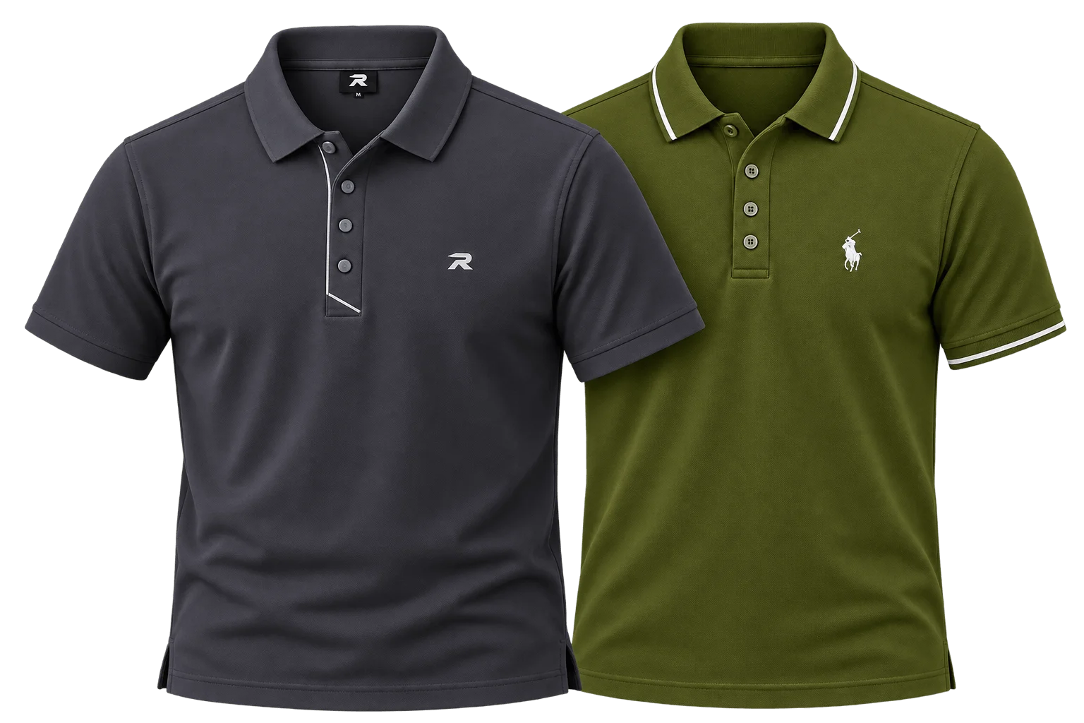 Pack of 2 - Classic Tipped Cotton Polo Shirts Charcoal Grey & Army Green