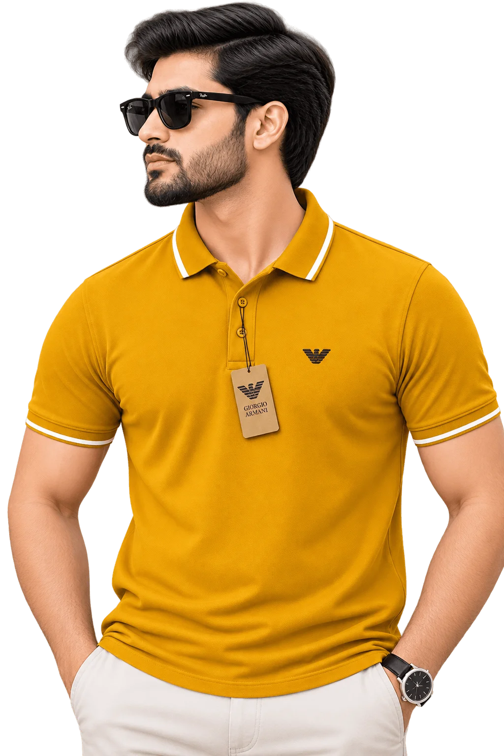 Pack of 3 - Men's Classic Tipped Polo Shirts White, Mustard Yellow, Olive Green image 3