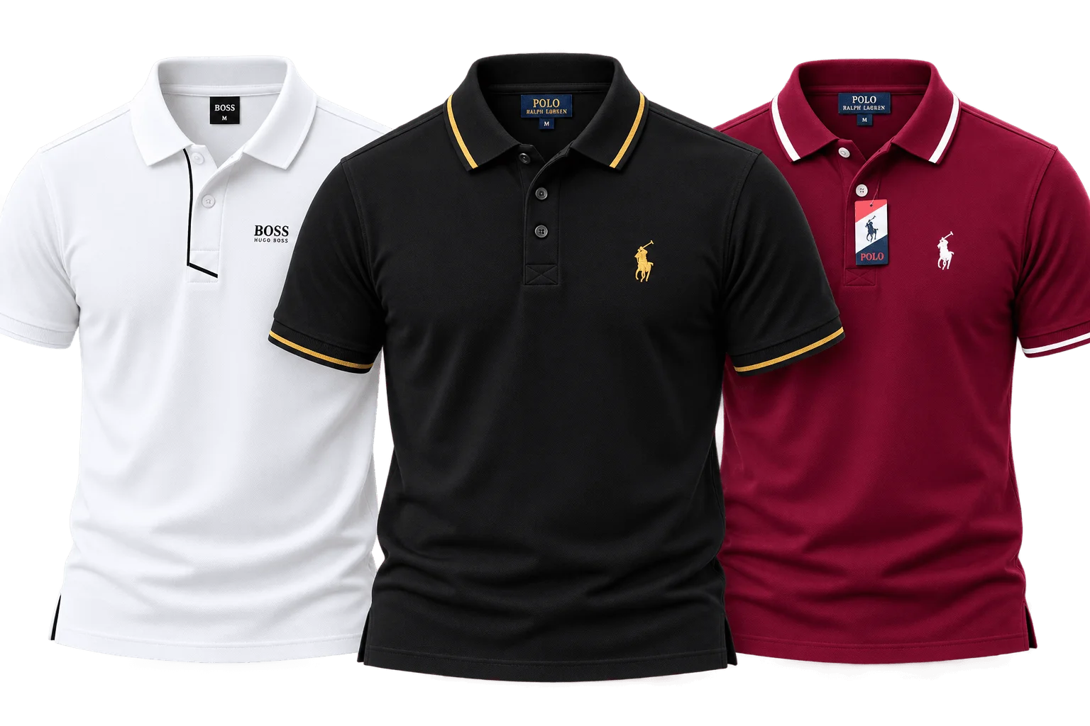 Pack of 3 - Men's Classic Tipped Polo Shirts White, Black (Gold Trim), Maroon