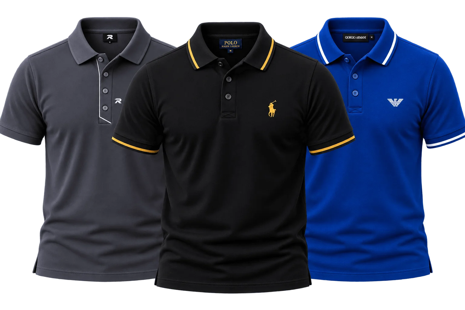 Pack of 3 - Men's Classic Tipped Polo Shirts Charcoal Grey, Black (Gold Trim), Royal Blue