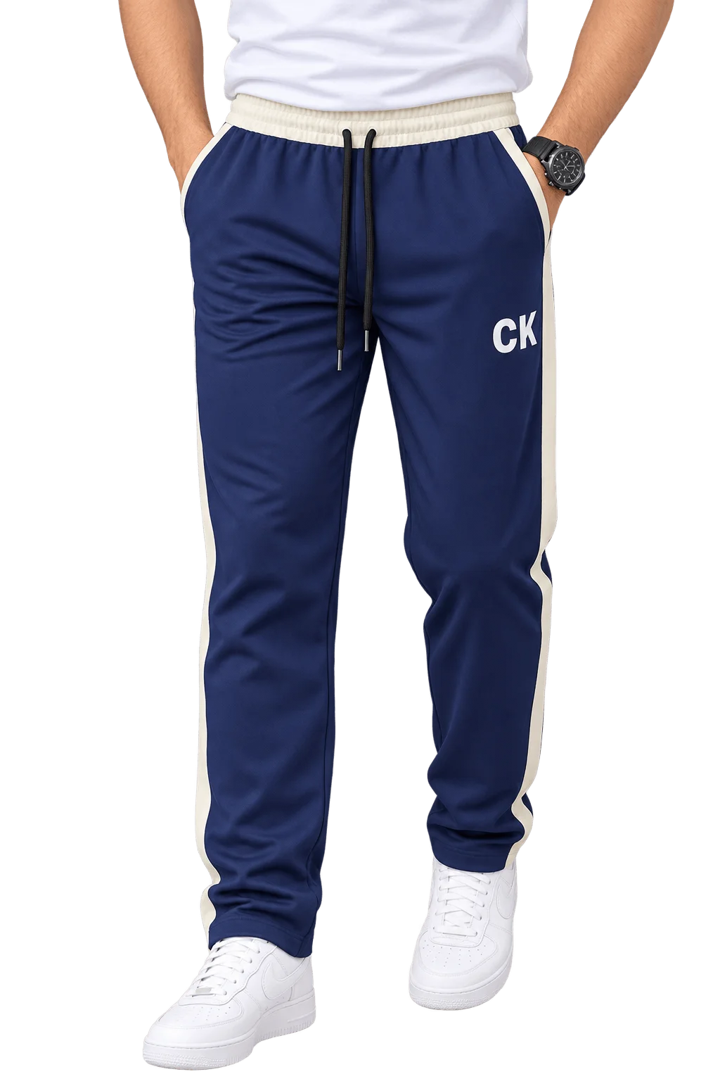 Men's Athletic Side-Stripe Track Trousers Deep Navy Blue / Off-White