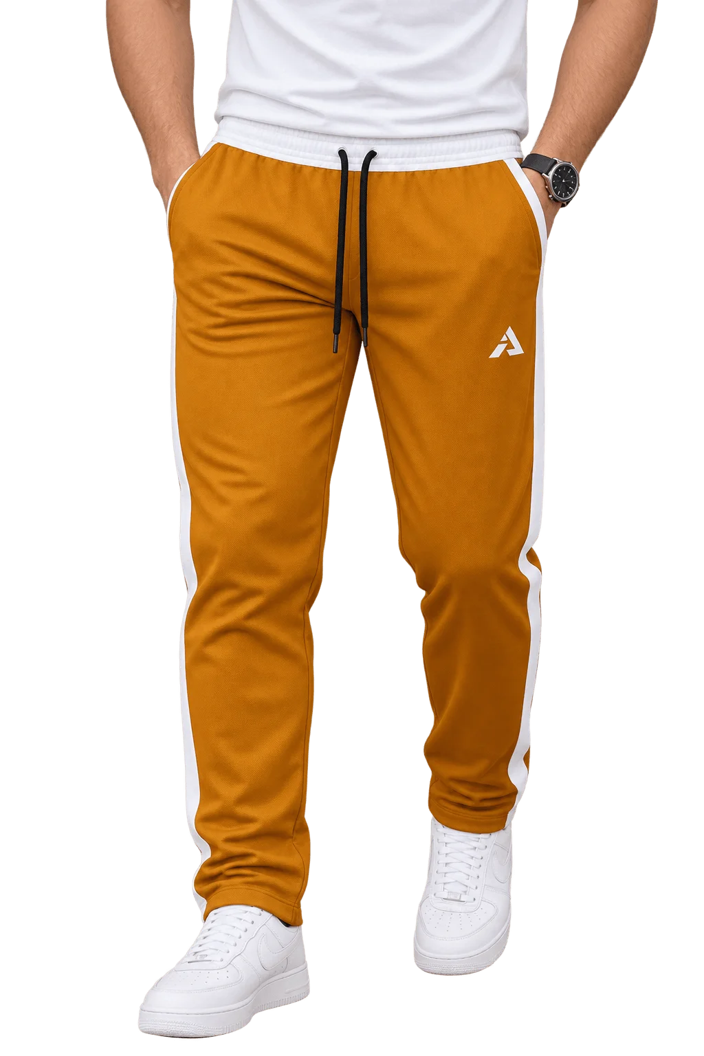 Men's Athletic Side-Stripe Track Trousers Ochre Amber / Pure White