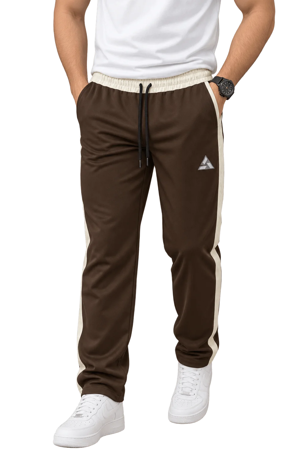 Men's Athletic Side-Stripe Track Trousers Dark Chocolate Brown / Off-White