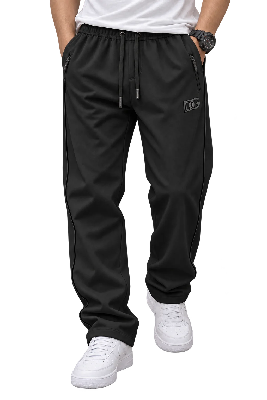 Imported Stretchable Baggy Trouser - White (D&G Logo) Jet Black