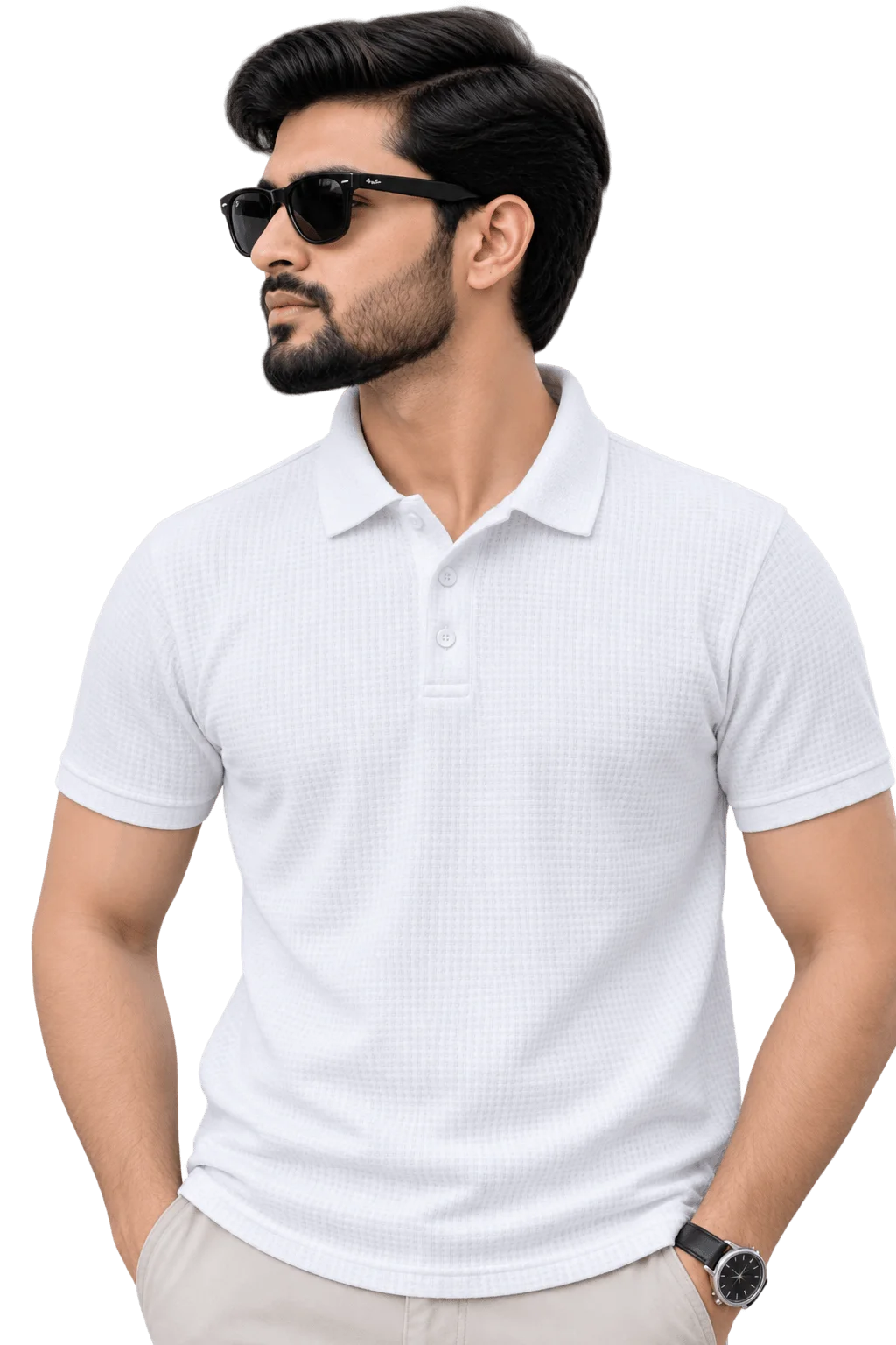Textured Waffle Knit Polo Shirt Cloud White