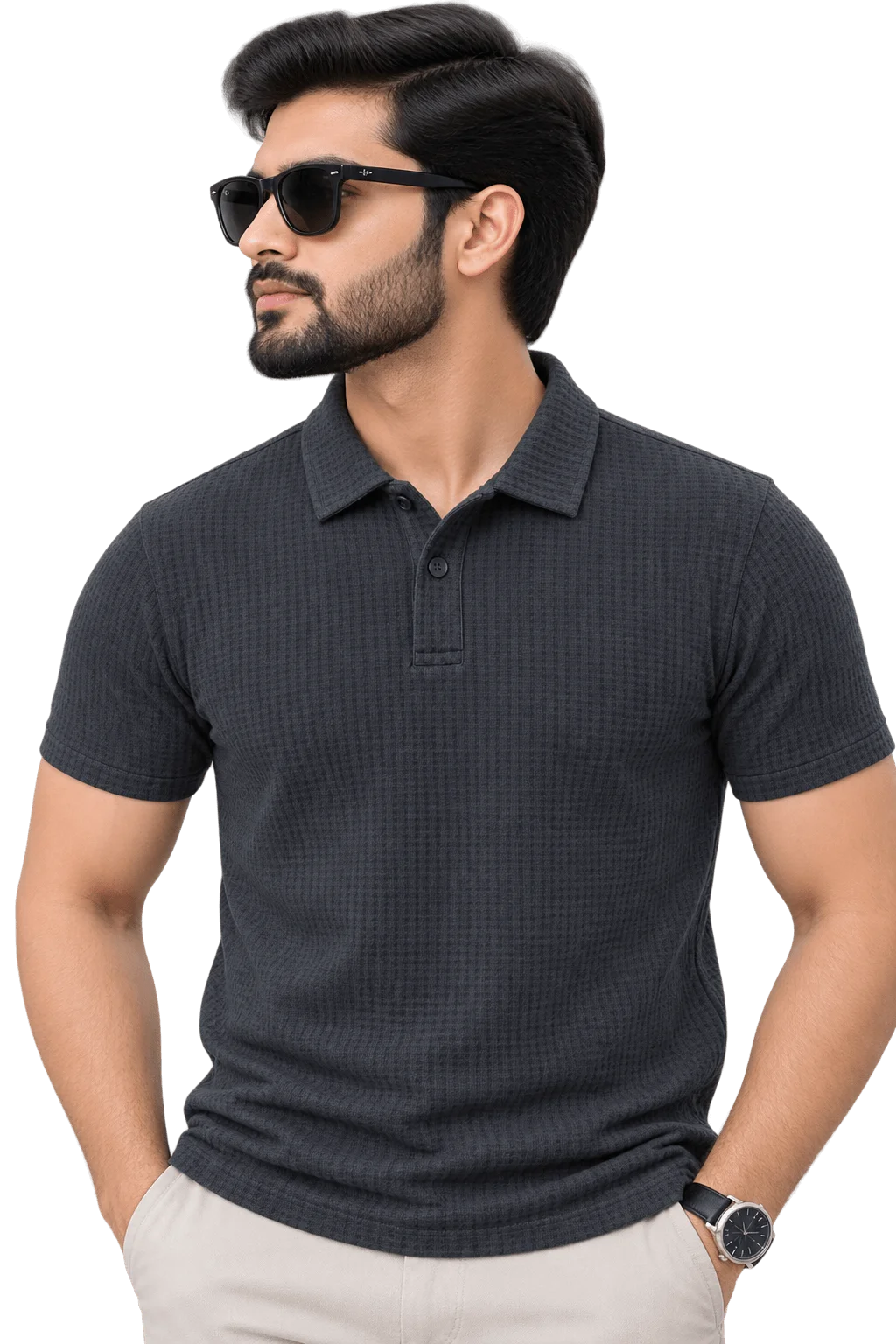 Textured Waffle Knit Polo Shirt Charcoal Gray