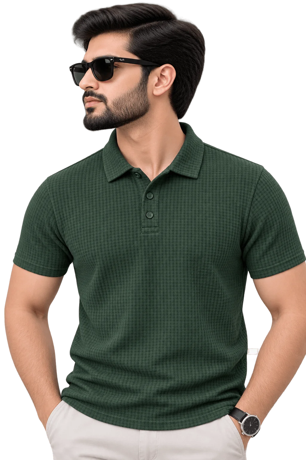 Textured Waffle Knit Polo Shirt Forest Green