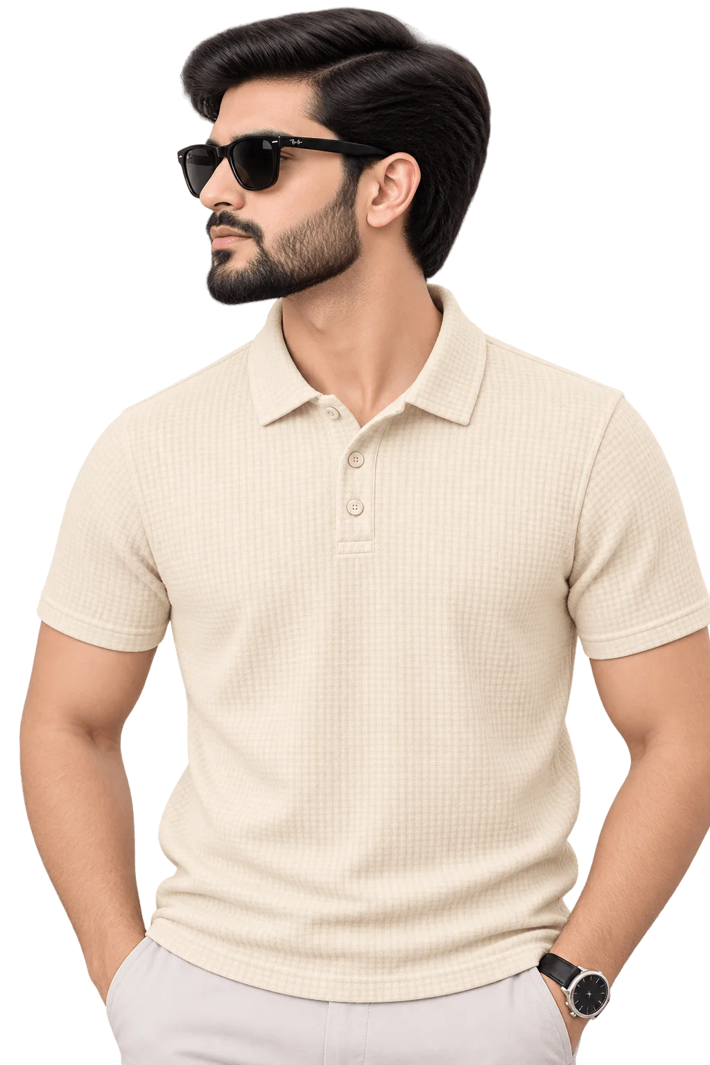 Textured Waffle Knit Polo Shirt Warm Ivory